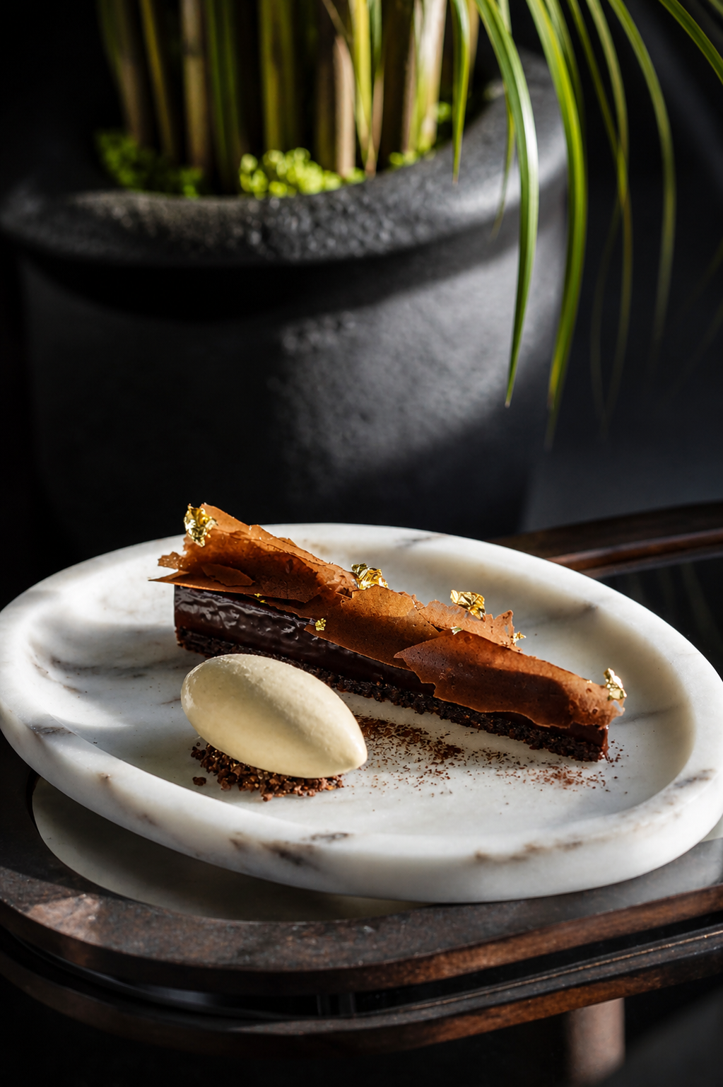 Dark chocolate délice with cocoa tuile, gold leaf and crème fraîche quenelle on white marble