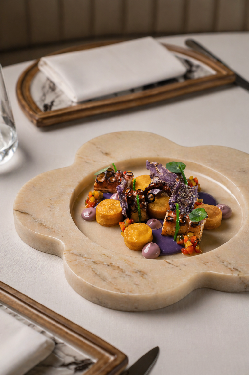 Octopus on marble plate with violet potato crisp and saffron pommes