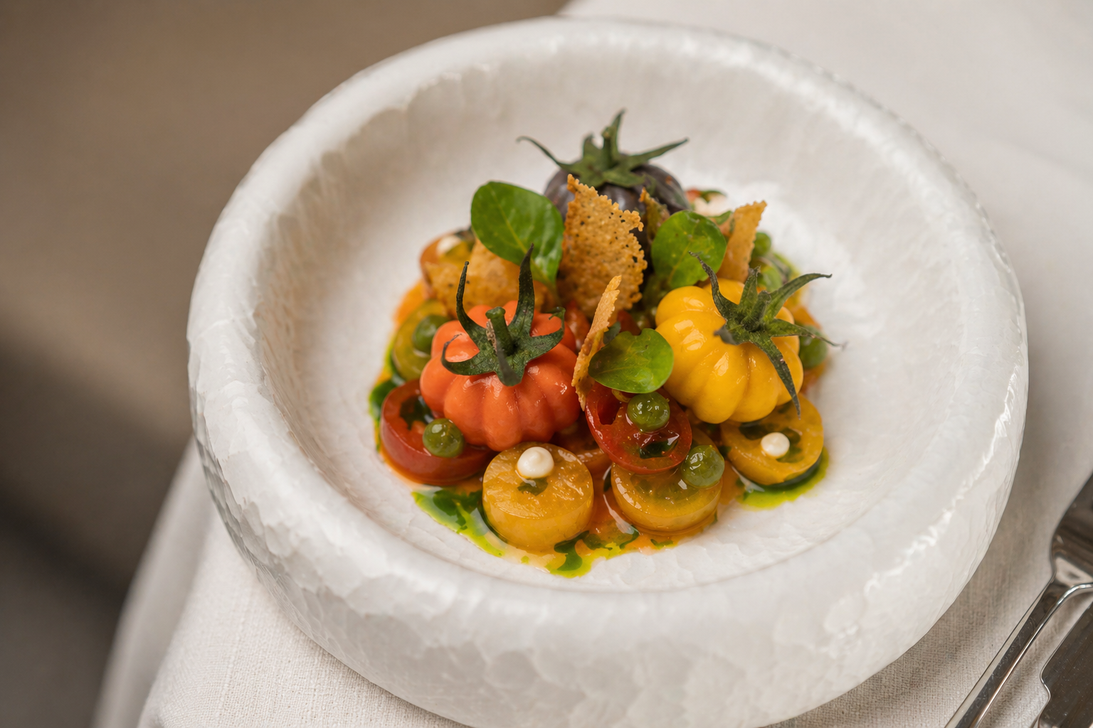 THE EMBER · Heirloom tomato composition in white stone bowl