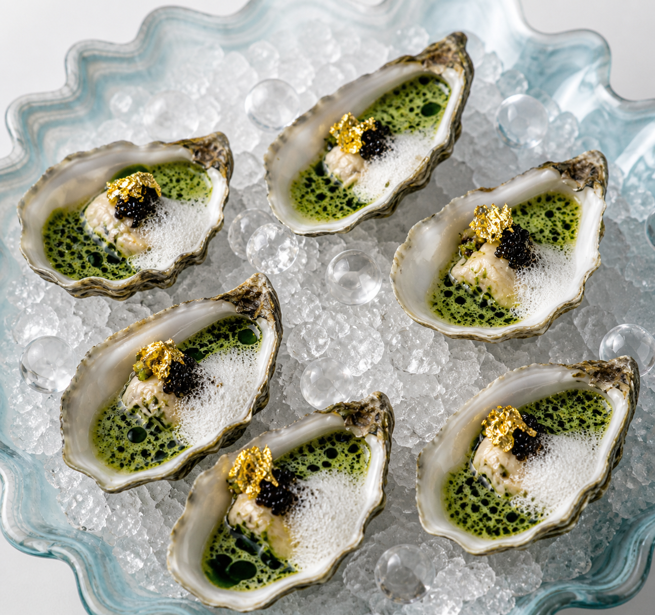 Oysters dressed with herb sauce, caviar and gold leaf on crushed ice